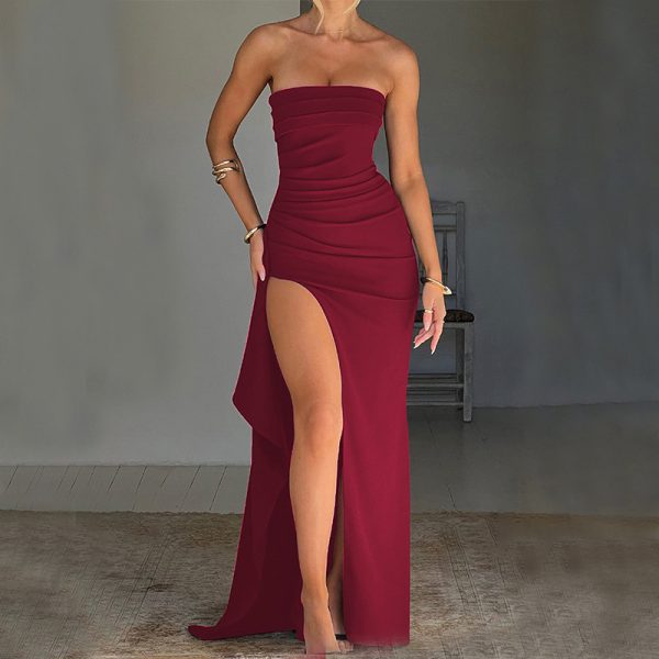 Elegant Strapless Split Long Dress – Summer Pleated Bridesmaid & Party Wear - Image 6
