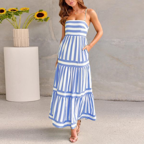 Summer Striped Suspender Maxi Dress with Pockets – Square Neck & Backless Design - Image 5