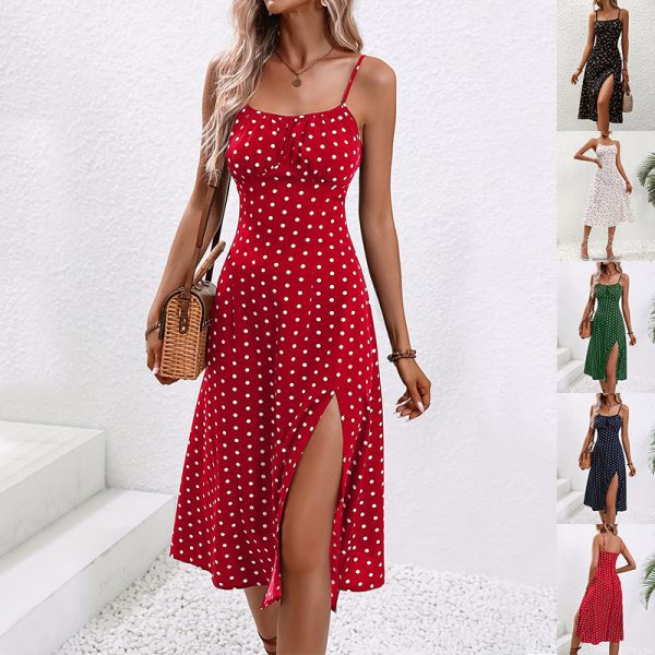 Polka Dot Summer Suspender Dress with Sexy Side Split