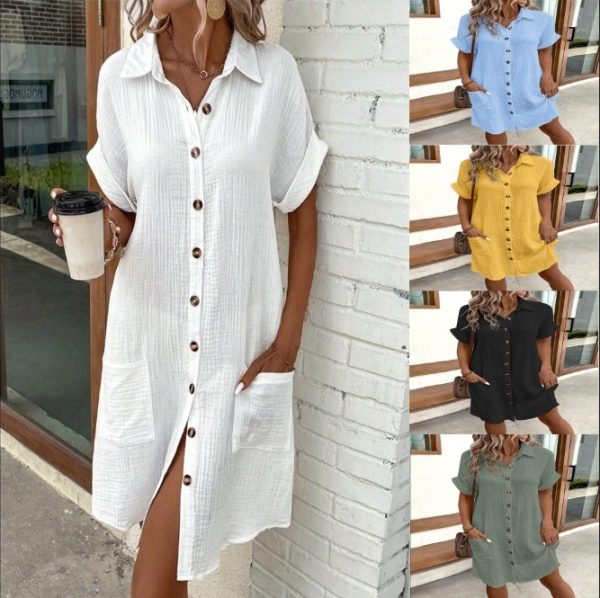 Summer Short Sleeve Shirt Dress – Solid Color, Single-Breasted, Loose Fit