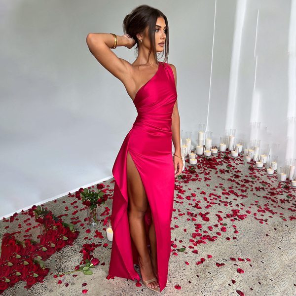 Sexy One-Shoulder Backless Slit Satin Dress – Elegant Summer Slim-Fit Evening Dress for Women - Image 5