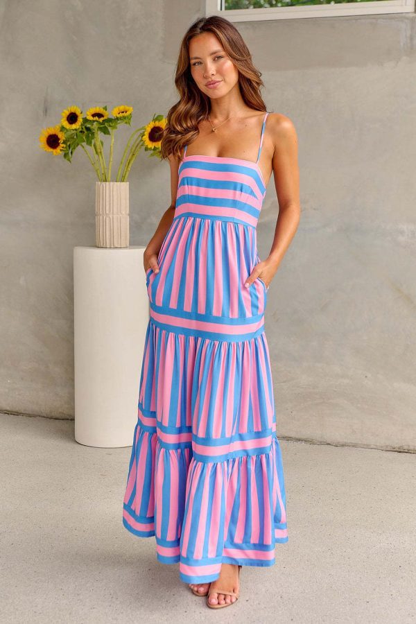Summer Striped Suspender Maxi Dress with Pockets – Square Neck & Backless Design - Image 2