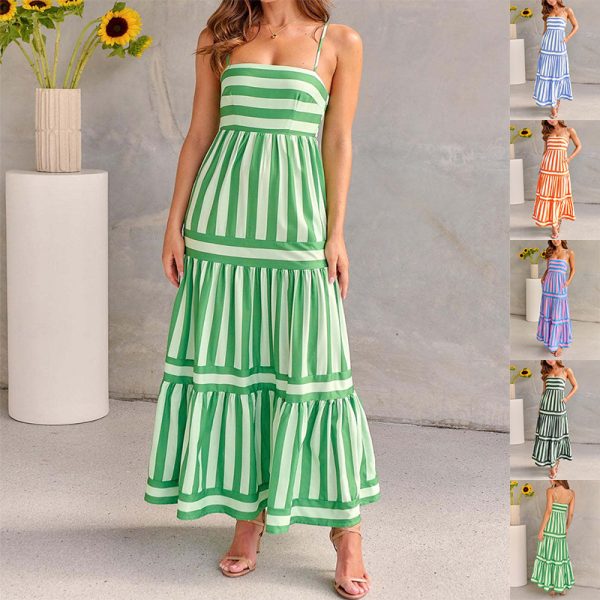 Summer Striped Suspender Maxi Dress with Pockets – Square Neck & Backless Design