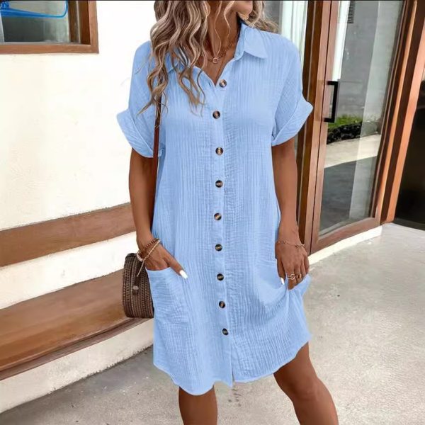 Summer Short Sleeve Shirt Dress – Solid Color, Single-Breasted, Loose Fit - Image 5