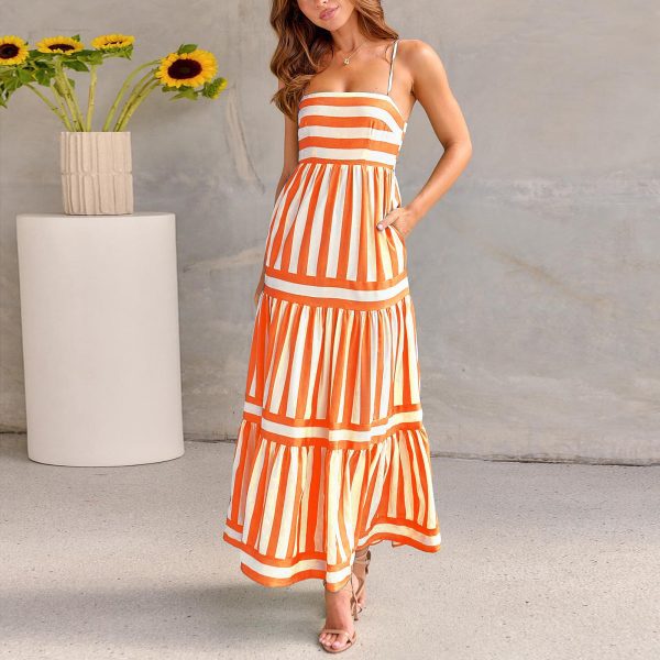 Summer Striped Suspender Maxi Dress with Pockets – Square Neck & Backless Design - Image 6