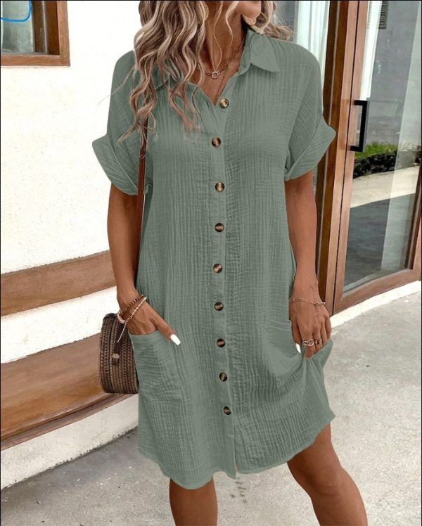 Summer Short Sleeve Shirt Dress – Solid Color, Single-Breasted, Loose Fit - Image 8