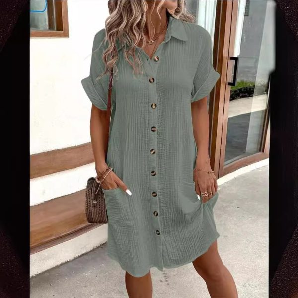 Summer Short Sleeve Shirt Dress – Solid Color, Single-Breasted, Loose Fit - Image 2