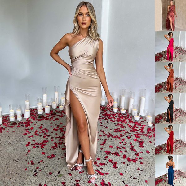Sexy One-Shoulder Backless Slit Satin Dress – Elegant Summer Slim-Fit Evening Dress for Women
