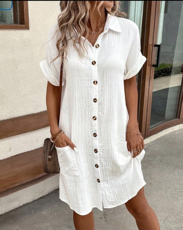 Summer Short Sleeve Shirt Dress – Solid Color, Single-Breasted, Loose Fit - Image 4