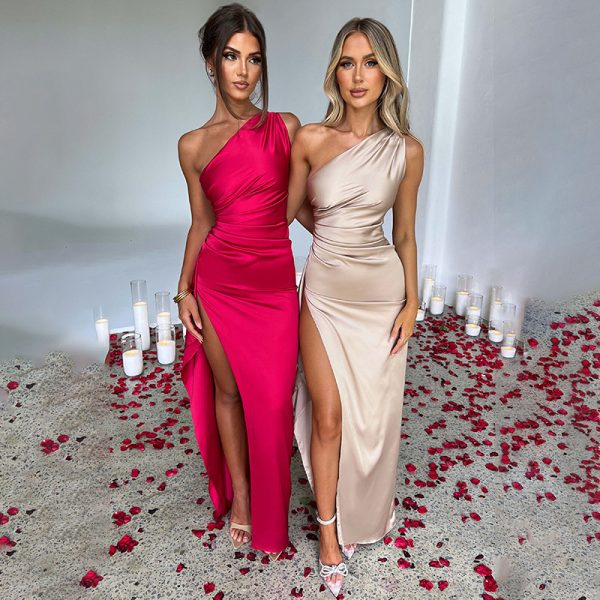 Sexy One-Shoulder Backless Slit Satin Dress – Elegant Summer Slim-Fit Evening Dress for Women - Image 9