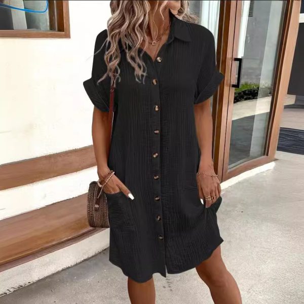 Summer Short Sleeve Shirt Dress – Solid Color, Single-Breasted, Loose Fit - Image 10
