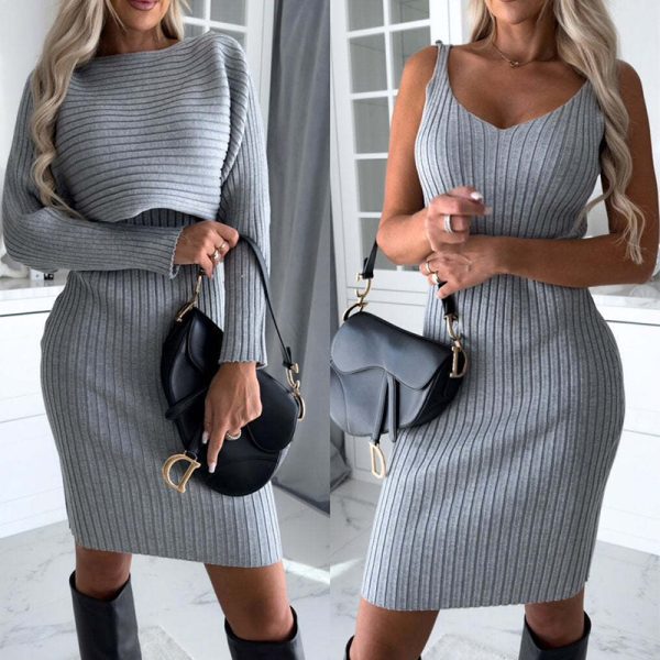 Women’s 2-Piece Stripe Top & Suspender Skirt Set – Autumn/Winter Slim Fit