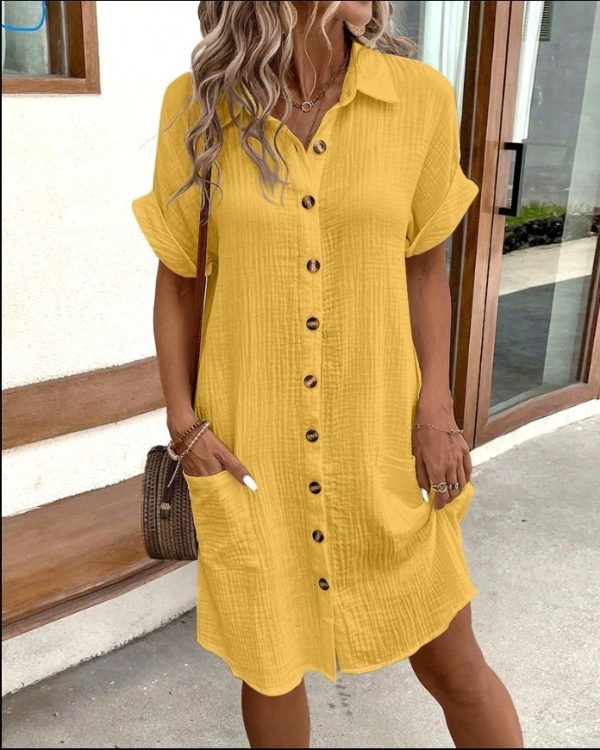 Summer Short Sleeve Shirt Dress – Solid Color, Single-Breasted, Loose Fit - Image 6